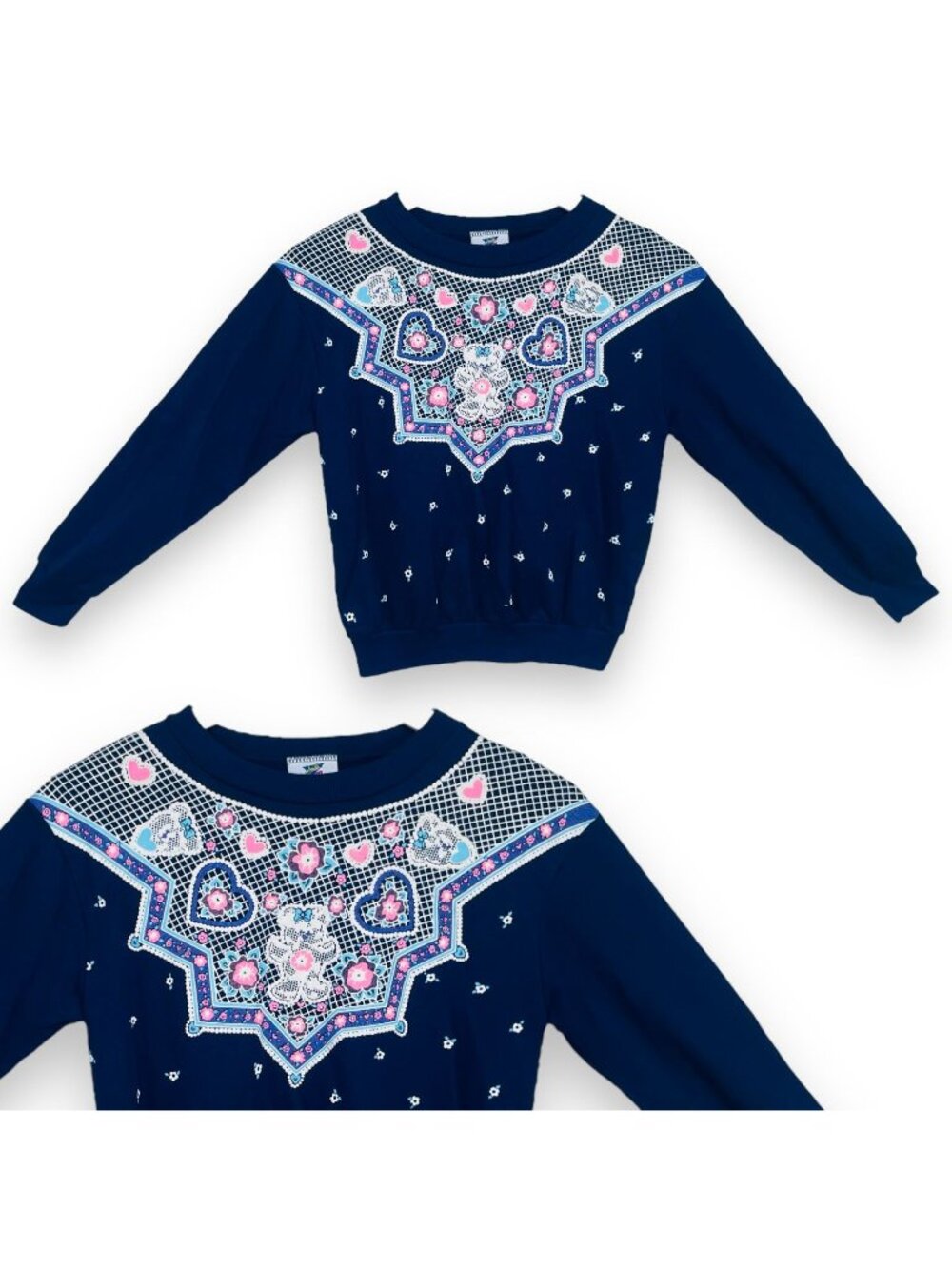 Vintage Girls Navy Blue Granny Puffy Teddy Bear Ugly Sweater Sweatshirt Top 10